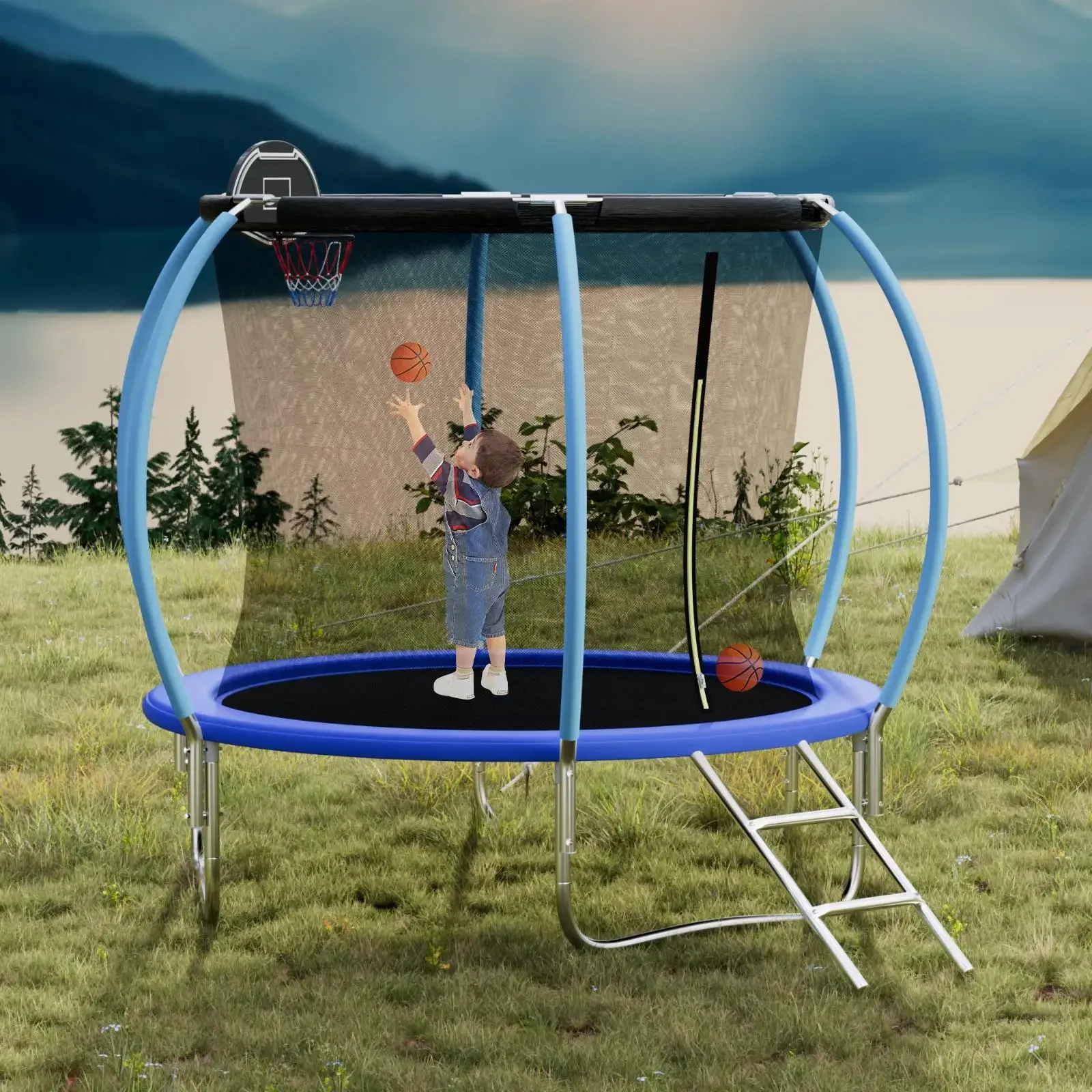 

Большой батут длиной 8 футов с защитной сеткой в форме тыквы и баскетбольным кольцом, уличный прыгающий коврик для детей, сверхмощный, 72 пружины, синий
