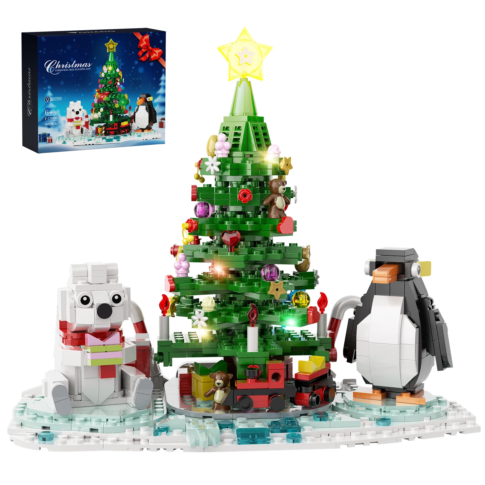 

Christmas Tree Building Blocks with LED Lights Cute Penguin Polar Bear Christmas Tree Model Toys Christmas Gifts Kids Adults