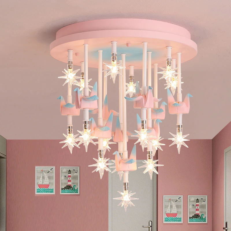 Luces de techo rojas de red nórdica, lámpara de dormitorio para niños, lámpara de techo de estrella para habitación de princesa cálida y romántica, lámpara led rosa para niña