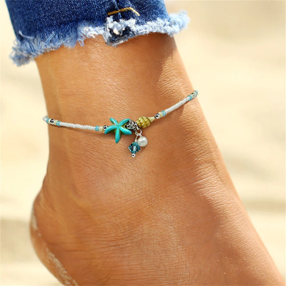 Tobilleras Bohemias de concha y estrella de mar para mujer, pulsera de tobillo de tortuga en la pierna, joyería de cadena artesanal, Verano