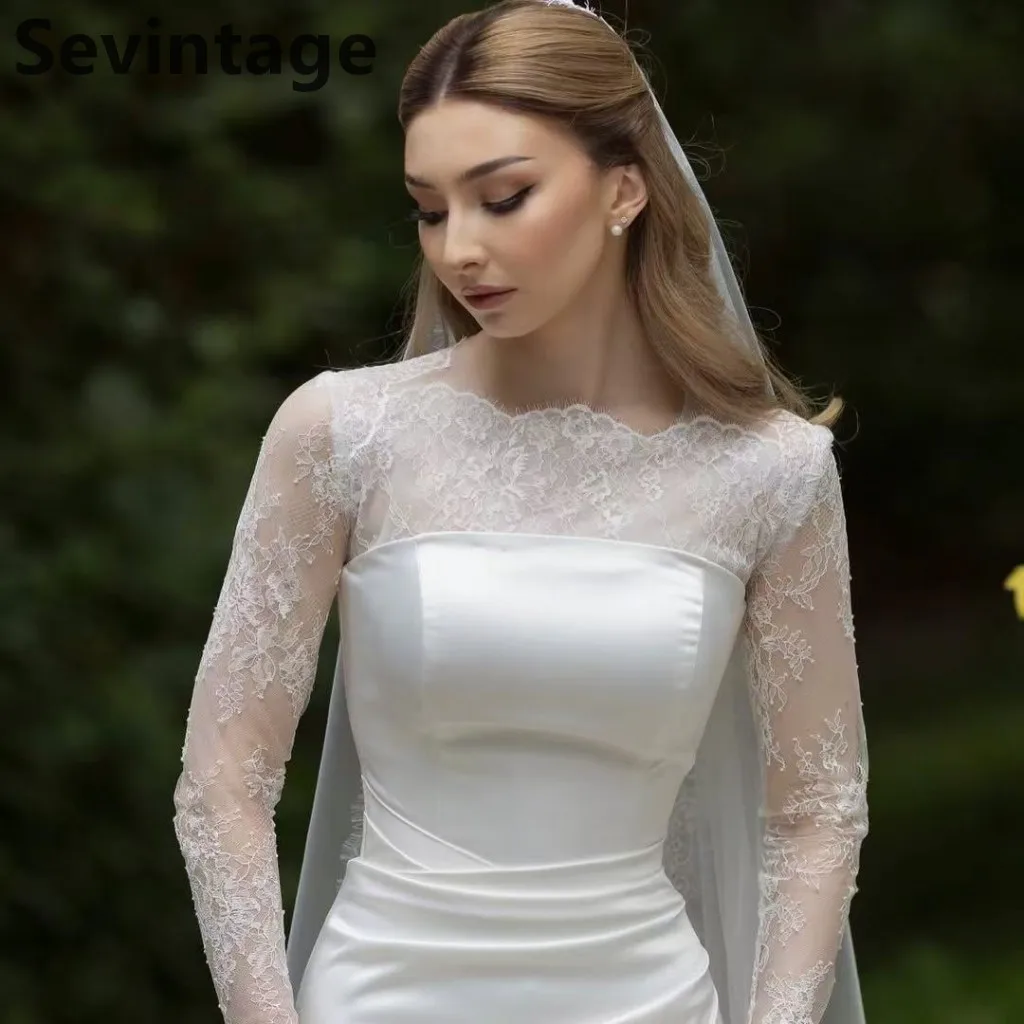 

Sevintage 2025 Simple Elegant Mermaid Satin Lace Long Sleeve Wedding Dress Customized Bridal Gowns