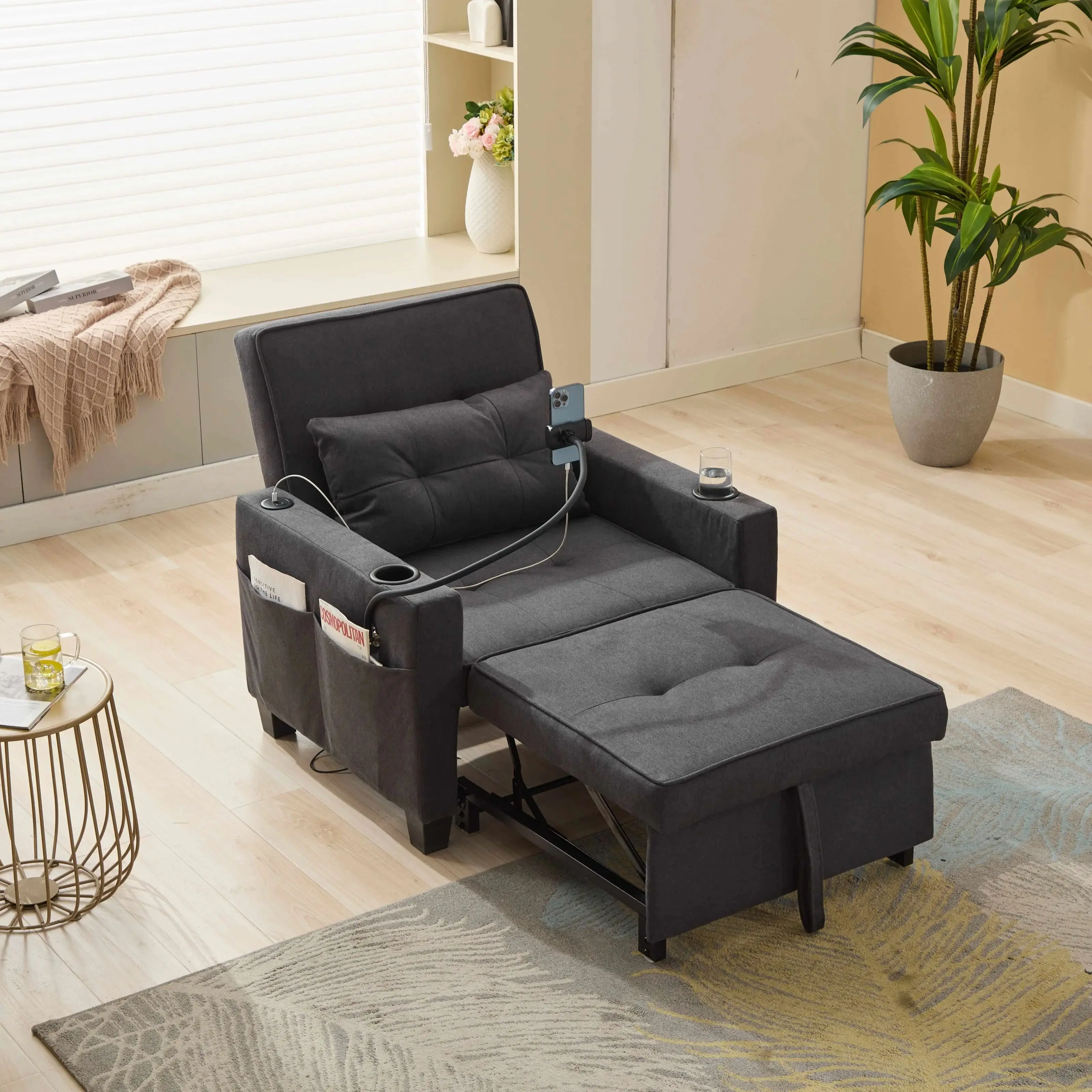 3-in-1 Chaise Longue Sofa Bed – Connectors, Cup Holders, Phone Holders, Side Pockets, Comfy Pillows