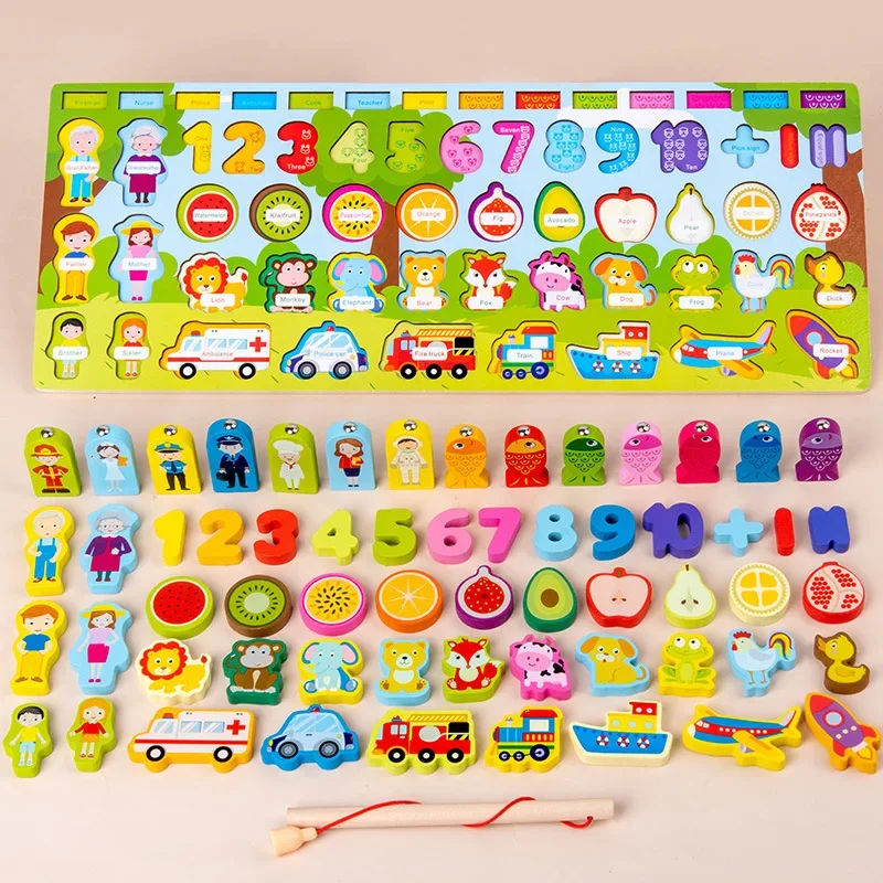 New Kids Animal Fruit Voertuig Beroep Multifunctioneel Houten Speelgoed Digit Match Board Vorm Cognitie Cartoon Match Vissen Speelgoed