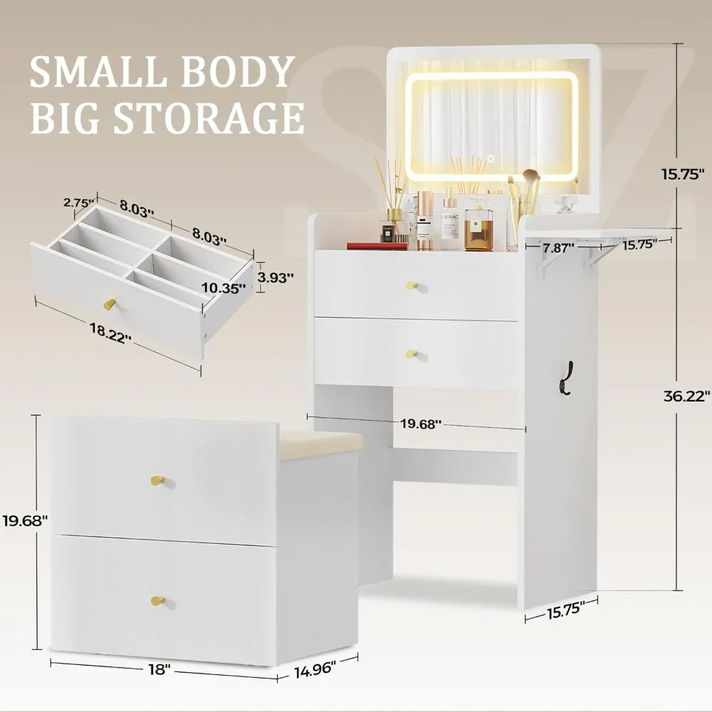 مكتب مكياج مدمج 3 في 1 مع سطح زجاجي ومرآة قلابة وأدراج تخزين