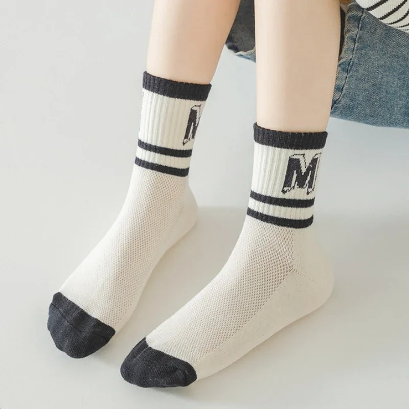 5 Pairs Kids Fashion Mid-calf Socks Breathable Cotton Mesh Girls Boys School Sports Long Socks Children Clothing Accessories