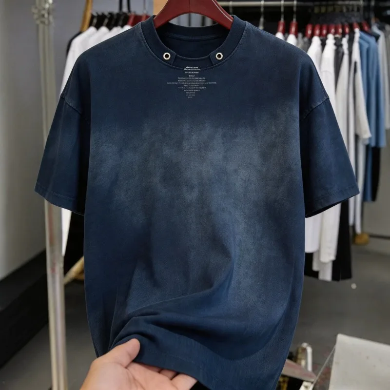 2026 Summer New New Light Luxury Men's Clothing Large Size Men's Gas Eye Round Neck Short Sleeves Loose and Old Gradual Change