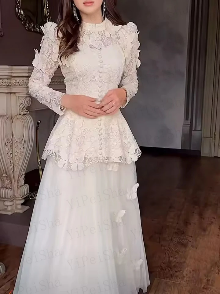 تخصيص ألف خط فساتين لحضور الحفلات الموسيقية الكاحل طول عالية الرقبة كم كامل ثوب مسائي أزياء من الدانتل زر مطرزة ثنيات حزب ثوب