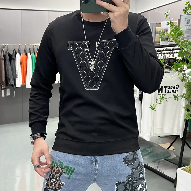 Men Hoodie Long sleeved T-shirt Green V Letter Rhinestone Pullover Luxury Brand Male Plush Tops Youth Fashion Homme Clothing 5xl