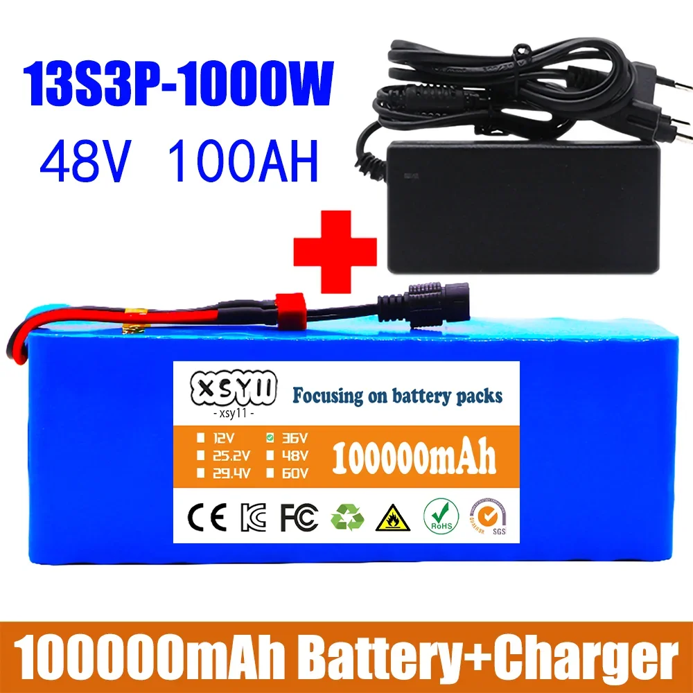 전기 자전거 스쿠터용 리튬 이온 배터리 팩, 13S3P, 48V, 100000mAh, 100Ah, 1000W BMS, 54.6V