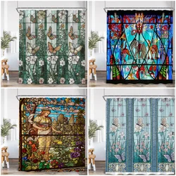 Stained Glass Garden Shower Curtain Butterfly Flowers Church Colored Painting Glass Wall Art Bath Curtain Aesthetic Bath Curtain