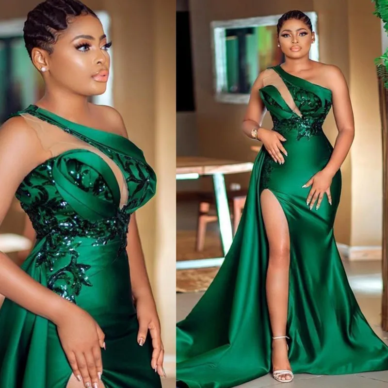 

Green Sexy Evening Dresses One Shoulder Satin Luxury Mermaid Applique Saudi Arabia Sleeveless Women's Prom Gowns Vestidos Robe