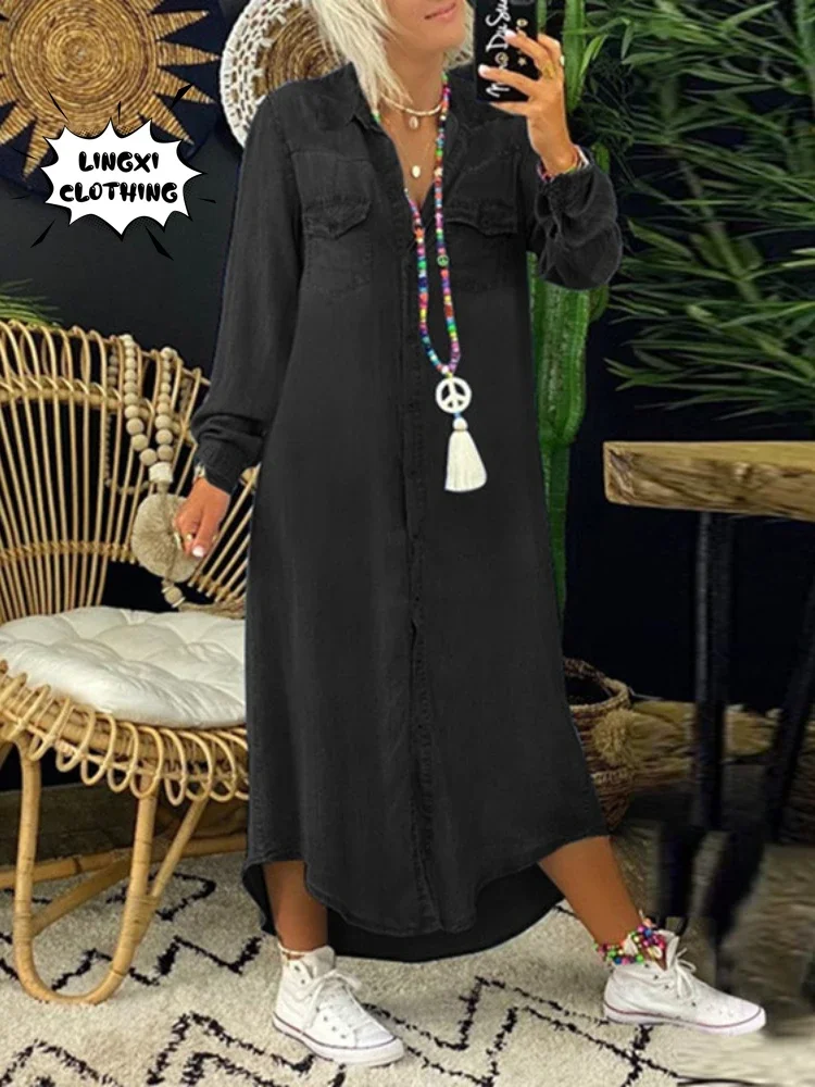 2024 Fashionable and Elegant Denim Long Dress New Poio Collar Single Breasted Denim Casual Retro Large Size Long Dress