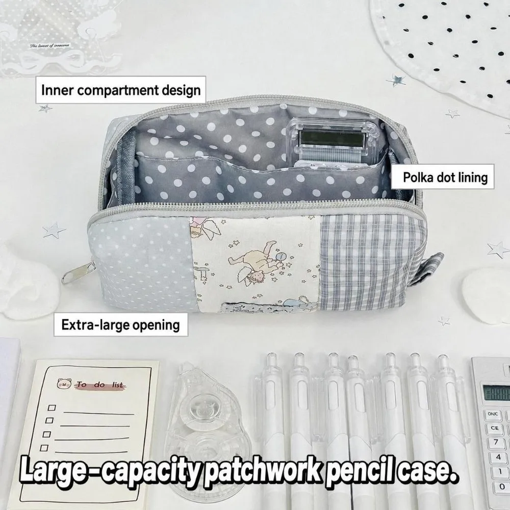 Durable Patchwork Pencil Case Floral Plaid Splicing Large Capacity Pencil Pouch Pen Bag Students