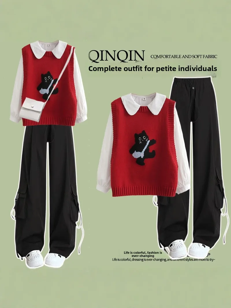 

Fashionable Knitted Three-Piece Set for Teenage Girls Autumn New Style Middle And High School Students Cartoon Vest Shirt