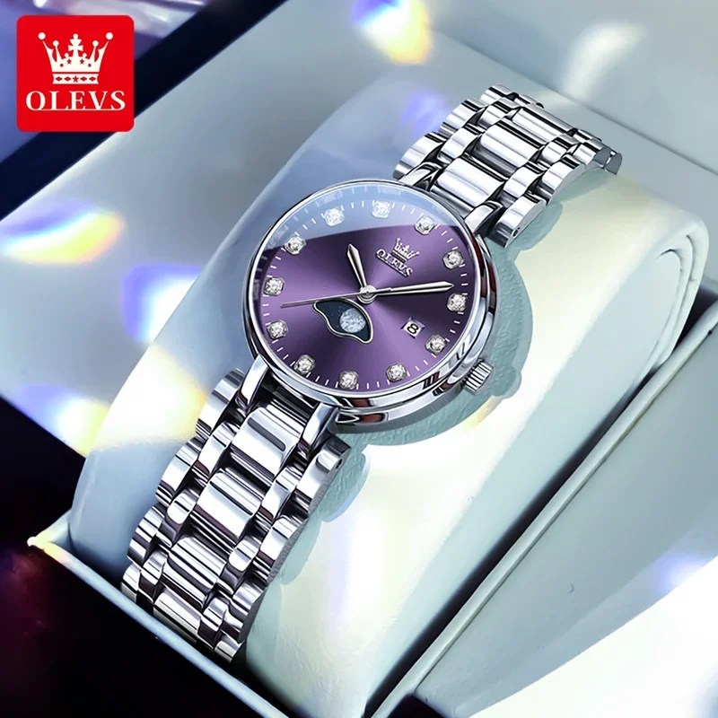 Olevs 5573 quartz watches women stainless steel waterproof moon phase ladies wrist watch fashion simple woman watch