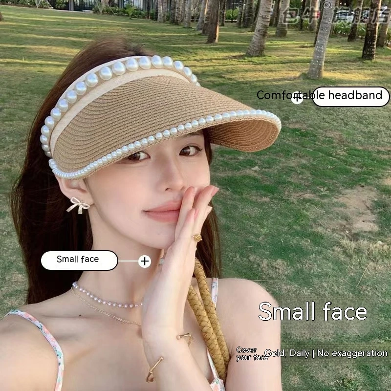 2024Grass woven pearl hollow top hat summer Korean version outdoor sunshade hat for cycling, Lafite straw hat sunscreen sun hat