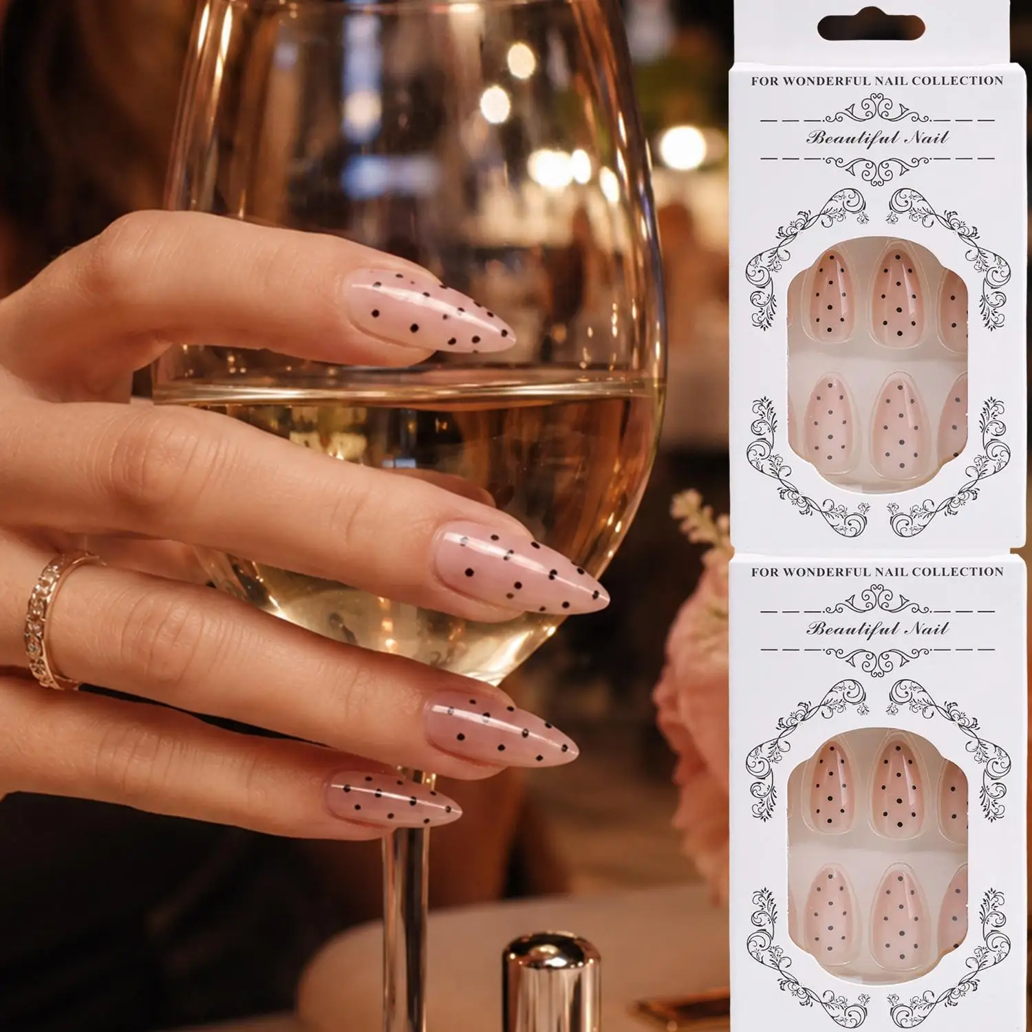 Pink Cat Eye Fake Nail with Black Polka Dot Printed False Nail Full Cover Wearable Sweet Korean Women Almond Press on Nails Tips