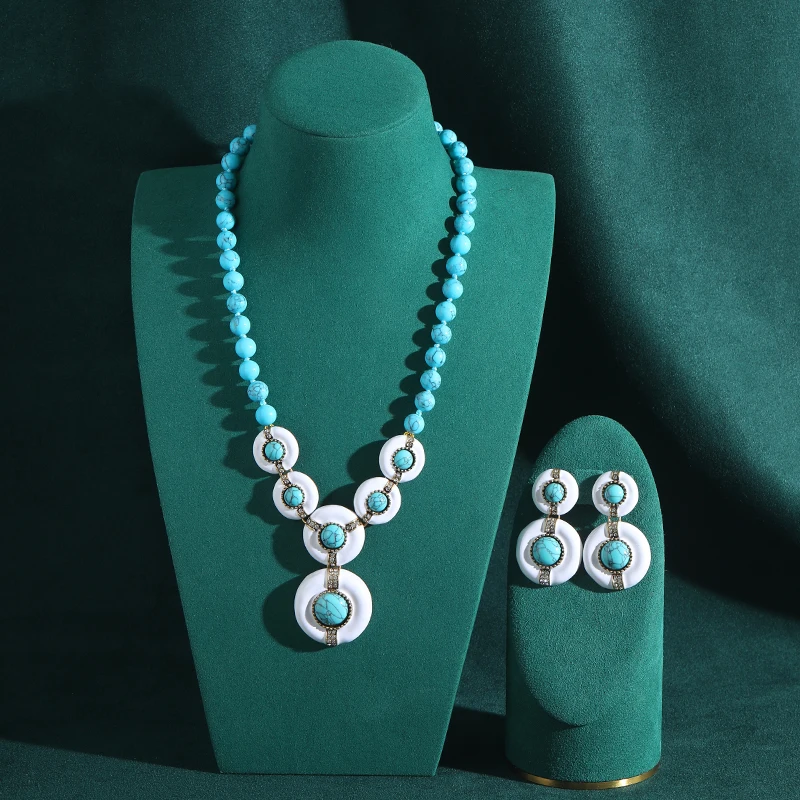 

Turquoise Jewelry Sets Bohemia Beaded Luxury Blue Natural Stone Round For Woman Rhinestones Vintage Gifts Party Wedding 2026 New