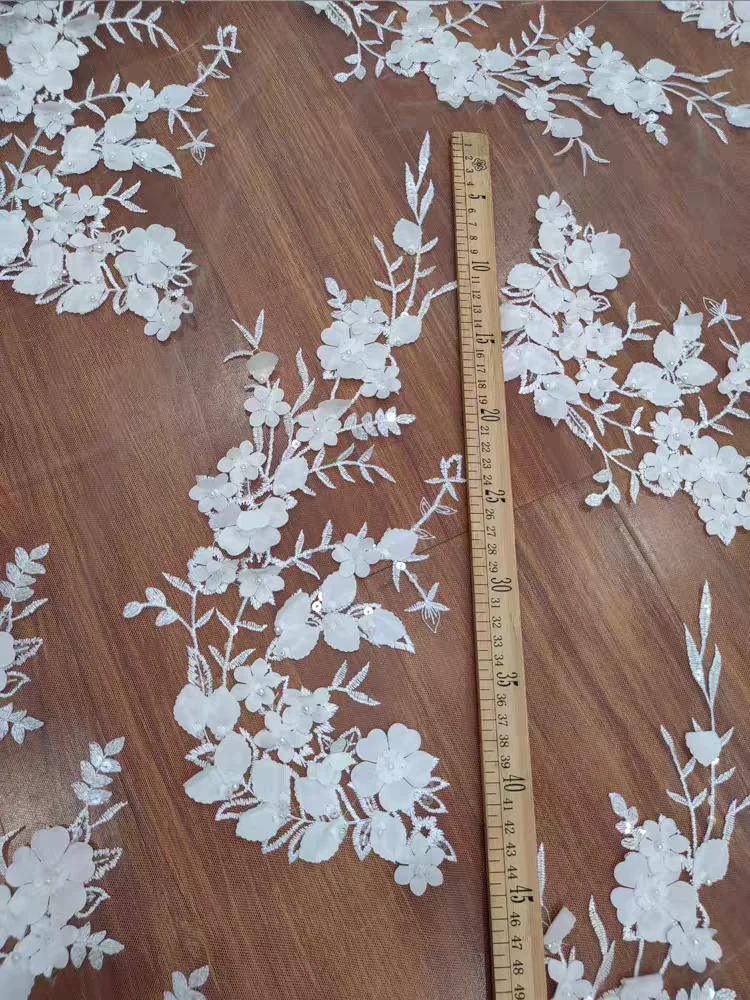 Ivory Beauty 3d Flowers Lace With Pearls and Sparkling Sequins Embroidered Lace for Wedding Dress