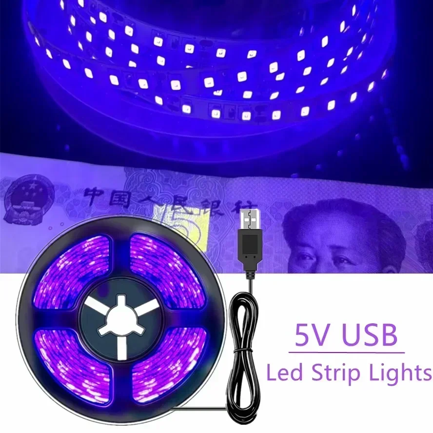 5V 2835 SMD Elastyczna taśma LED UV USB Fioletowa taśma świetlna ultrafioletowa do wykrywania pieniędzy Dekoracja świąteczna domu Podświetlenie