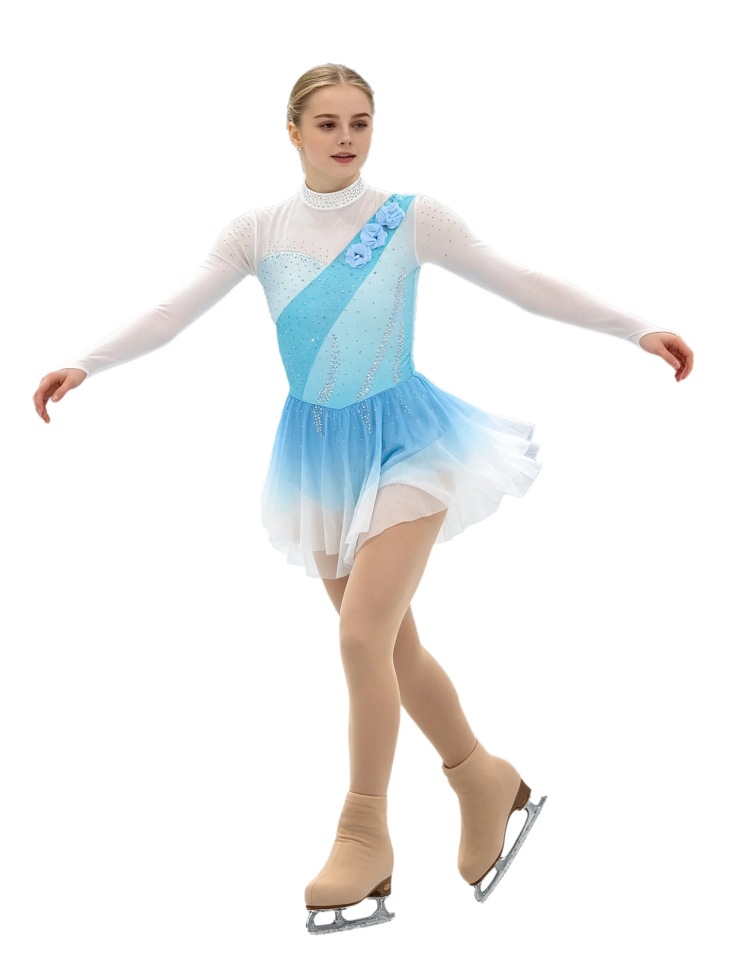 Womens Figure Skating Rhythmic Gymnastics Costume 3D Flower Applique Long Sleeve Rhinestone Mesh Ballet Dance Dress Leotard