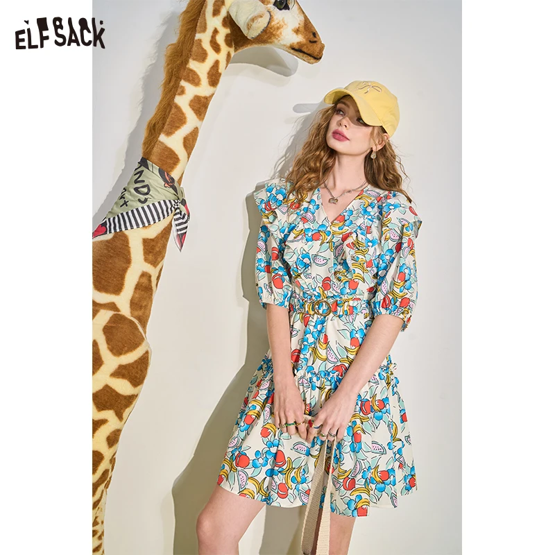 

ELFSACK 2024 Summer New Mushroom Edge V-Neck Waist Wrapped Dress for Women's Slim and Fragmented Flower Skirt