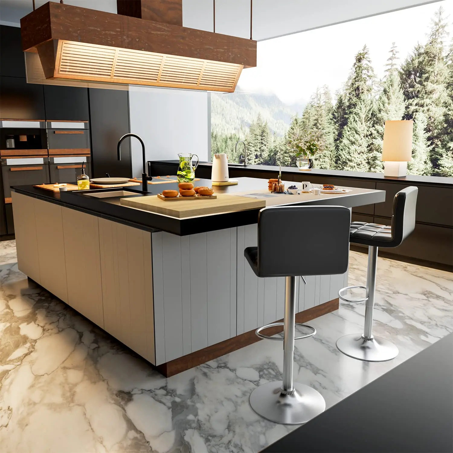 Adjustable Swivel PU Leather Bar Stool Armless Hydraulic Kitchen Counter Extra Height Square Island Back Set of 4, Customized