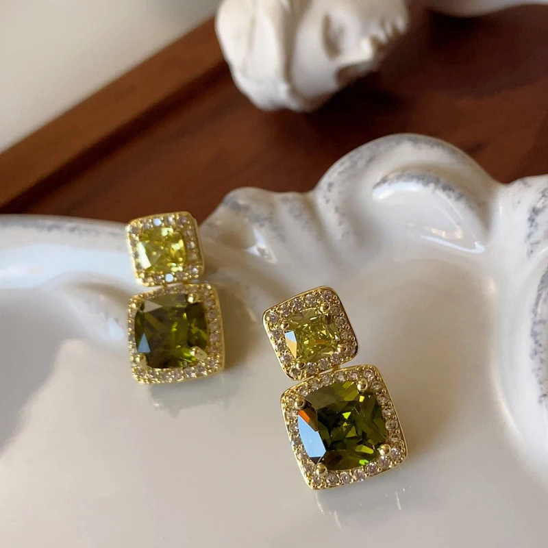 vintage delicate square olive green zircon stud earrings summer fresh girl geometry jewelry