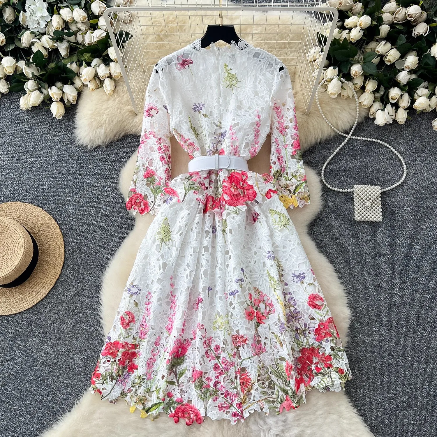 High Quality Summer Spring Lace Flower Print Midi Fashion Women Stand Collar Three Quarter Sleeve Hollow Out Party Casual Dress