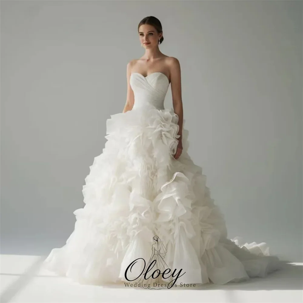 OLOEY Princess Sweetheart Collar Organza Wedding Dresses For Woman Sleeveless Ruffle A-Line With Train Bridal Gown Customized