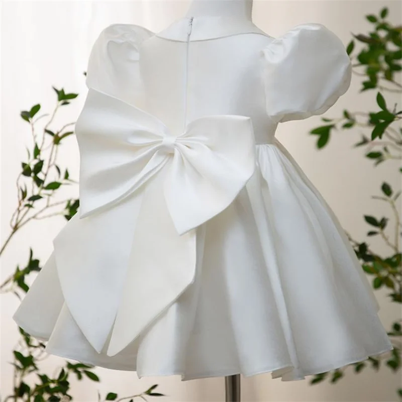 Girls White Puff Sleeves Nailed Diamond Birthday Dress Baby Girl Wedding Little Girl Princess Dress