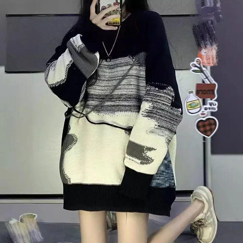 

American High Street Patchwork Color-Block Autumn Unisex Vintage Retro Design Knitted Sweater Trendy