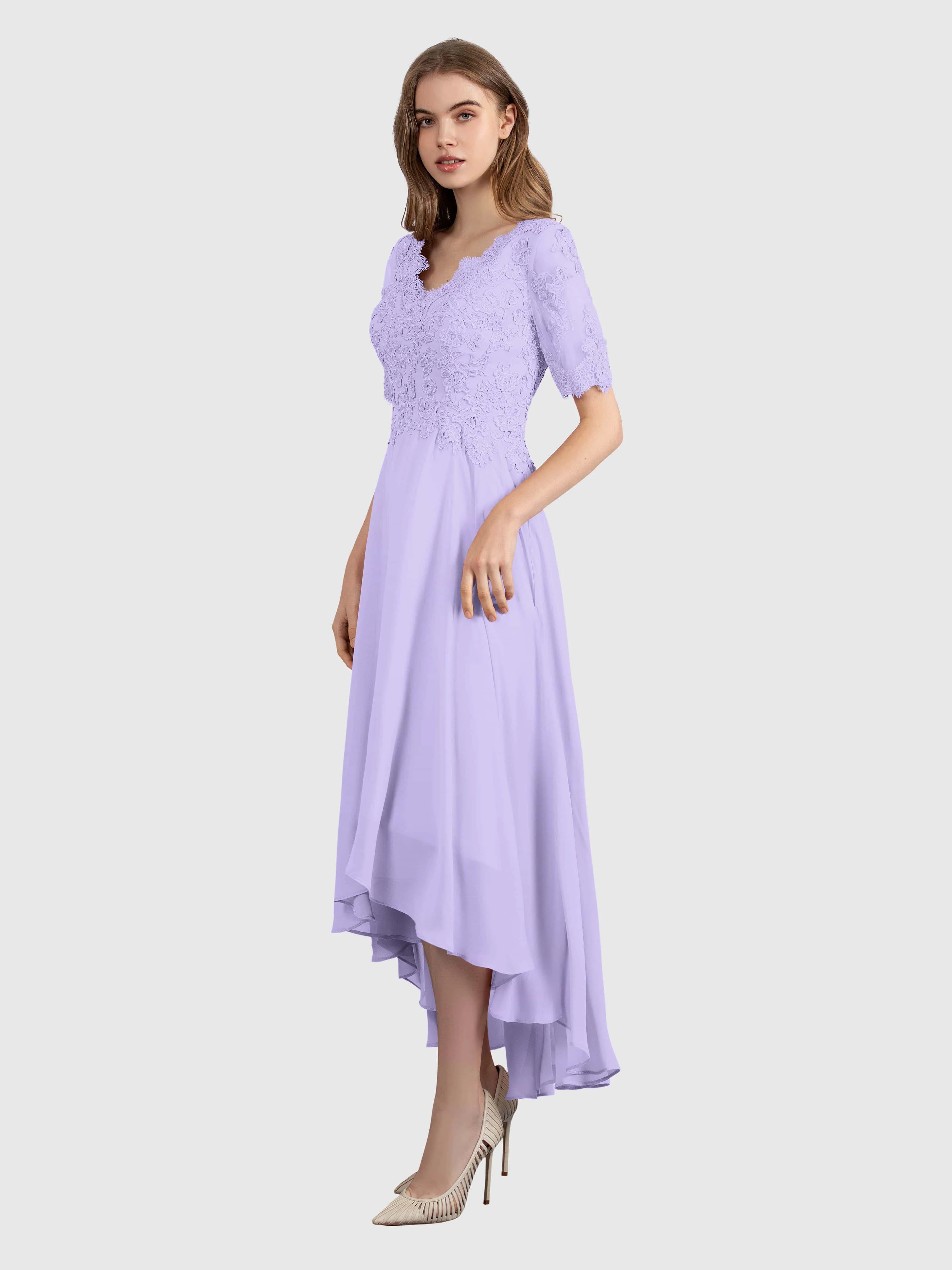 Vestido de noite elegante com mangas com babados, plissado V Neck Midi, A Line Chiffon, convidado do casamento, Forever Beautiful, 2024