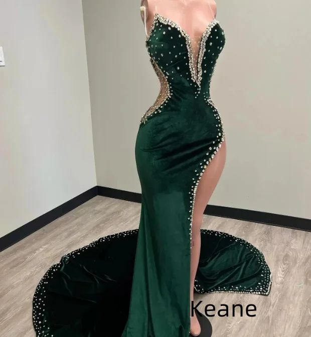 

Green Velour Slit Mermaid Beads Evening Dress vestido de festa Islamic Dubai Kaftan Saudi Arabic Evening Prom Dress