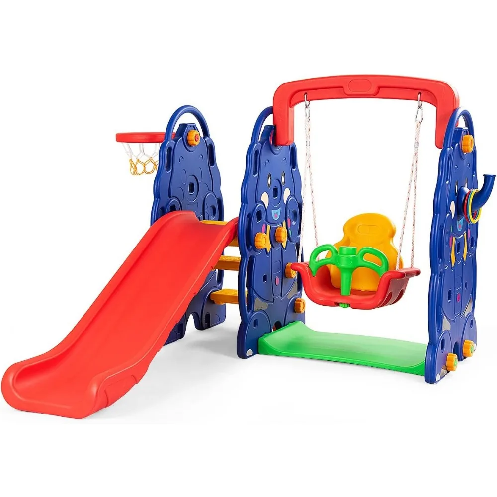 

Toddler Long Slide Set, 4-in-1 Large Climber Playset w/Basketball Hoop, Toss, Thickened Panel, Playground Swing for Indoor