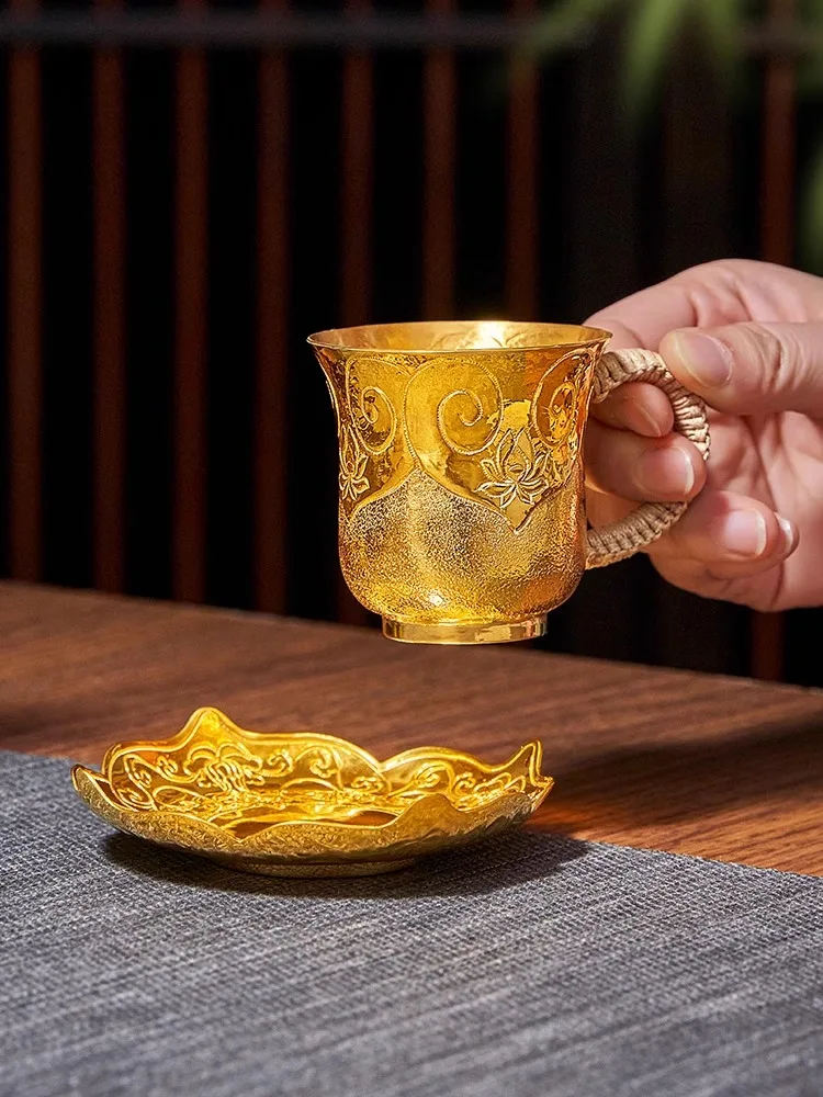 99.9% sterling silver four in one Ruyi tea cup and plate set, 24k gold-plated master cup, pure handmade tea set, coaster cup