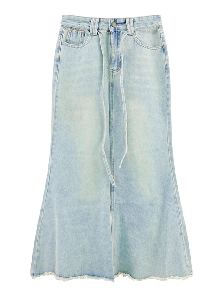 Retro Amerykańska Spódnica Jeansowa z Postrzępionym Brzegiem, Damska Spódnica z Wysokim Stanem, Wyszczuplająca, Rozkloszowana, Długa Spódnica z Efektem Rybiej Ogonu, Nowość na Jesień