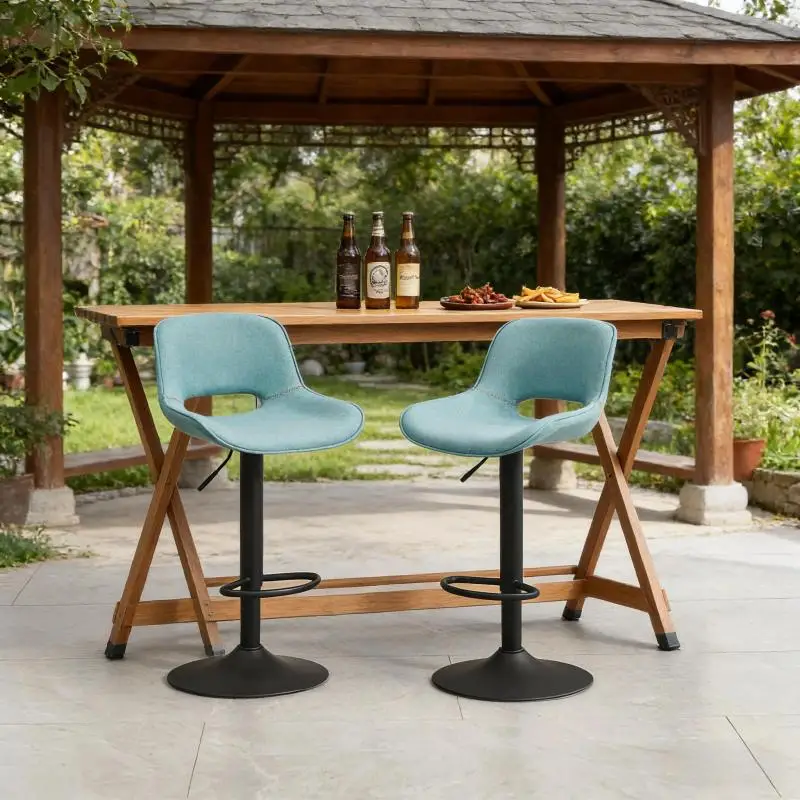 Lot de 2 tabourets de bar bleus en tissu lin pivotants à 360° ° Fauteuil ergonomique rembourré en mousse dense, repose-pieds, base en métal large et stable, charge maximale 150 kg, patins antidérapants, montage simple adapté pour terrasse, jardin et espace extérieur au design élégant.