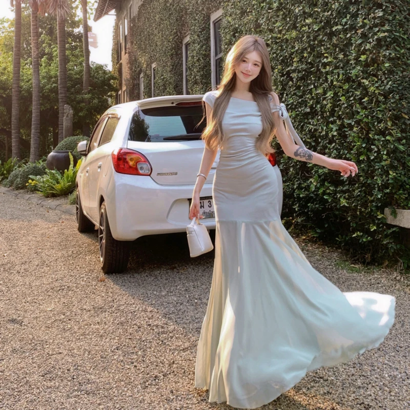 النمط الفرنسي الأخضر خارج الكتف فستان طويل المرأة شاطئ البحر عطلة شبكة المرقعة فساتين ماكسي