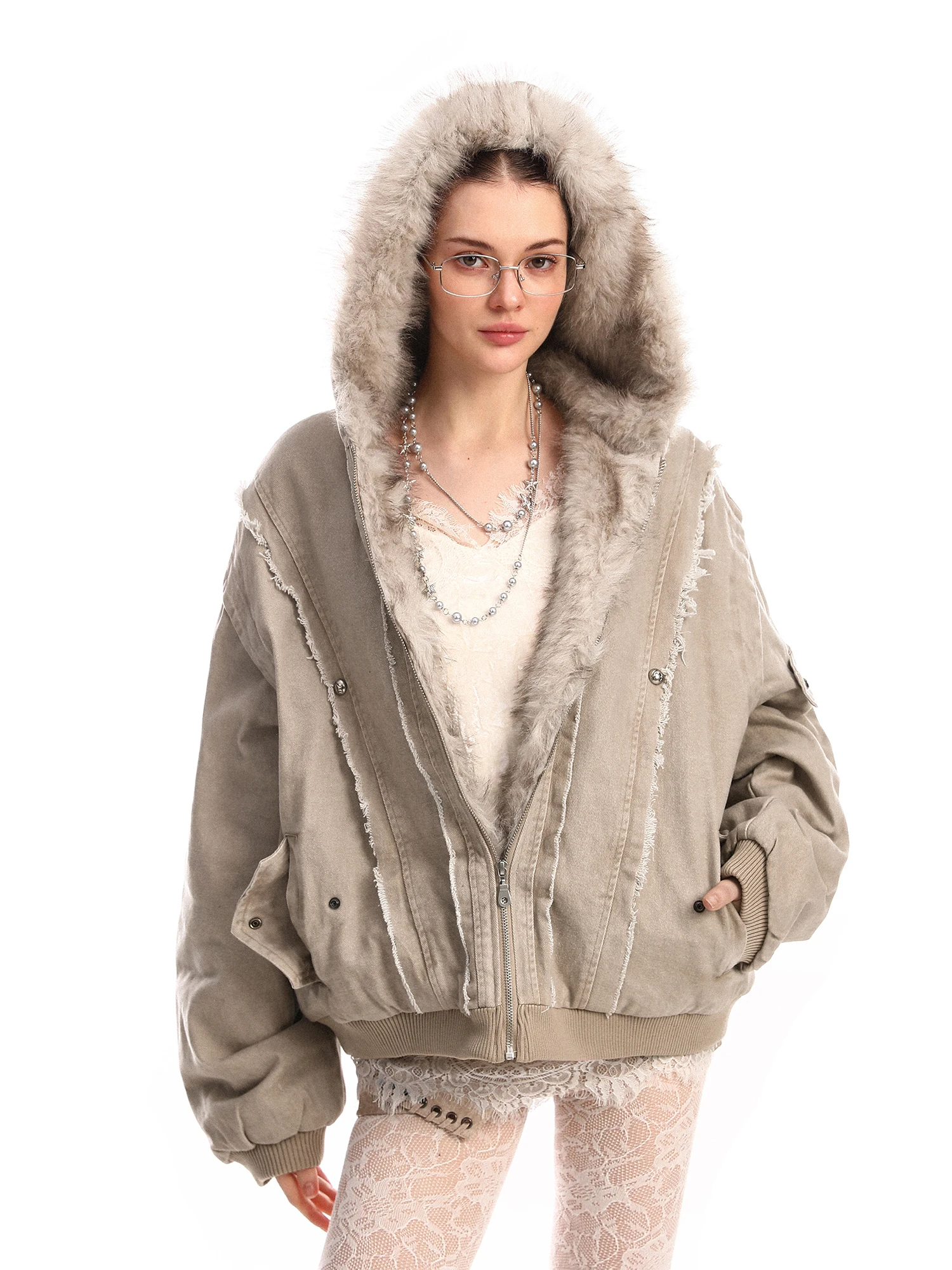 

Thiened Waed Vintage Jaet Women's Winter Warm Coat with Fur Collar Cotton Padded Zipper Closure Long Sve Hooded Coat