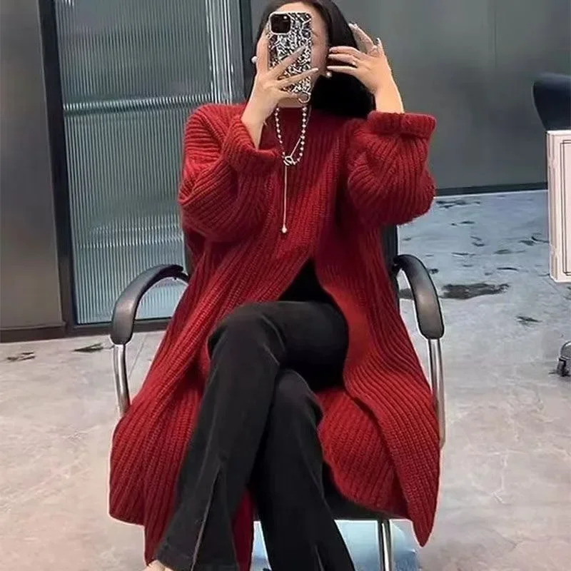 Side Slit Knitted Dress Women Autumn Winter Loose O Neck Pullover Oversize Long Sweater Dress Korean Fashion Solid Robes T827