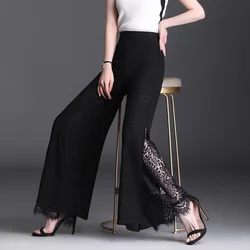 Korean Fashion High Waist Wide Leg Pants Women Black Chiffon Lace Split Leg Trousers 2023 Summer Casual Loose Pantalones Mujer