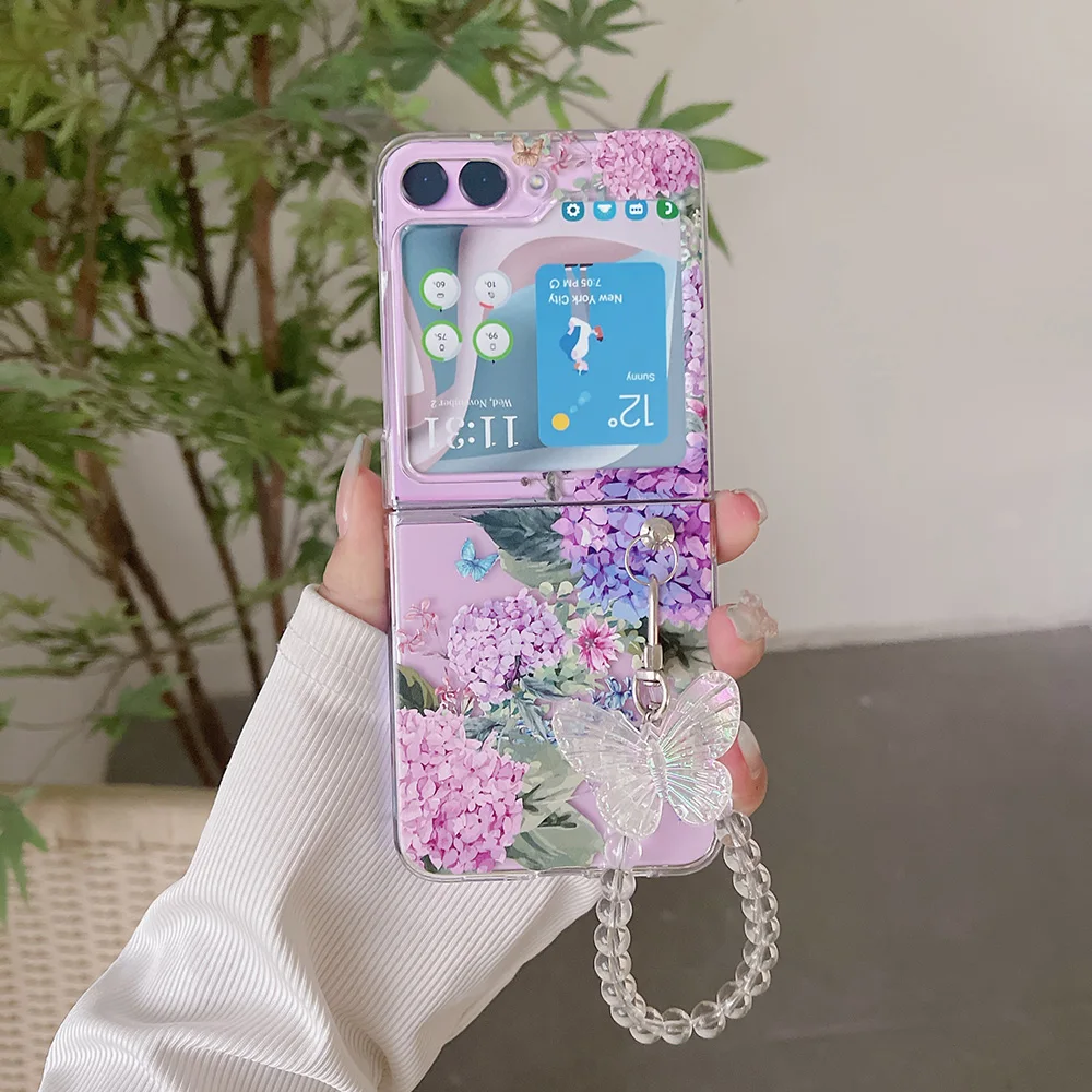 For Samsung Z Flip 5 4 3 ZFlip5 Case Hydrangea Flower Bracelet Transparent Folding Shockproof Protective Plastics Hard Cover