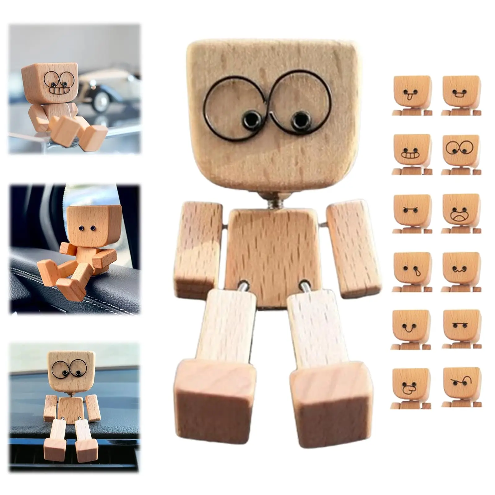 

Wiggling Wooden Figure Wooden Doll Air Freshener with 12 Magnetic Face Expressions Handmade Wooden Wiggle Ornament Creative Gift