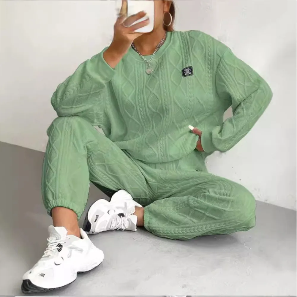 秋と冬の女性のジャカード長袖カジュアルラウンドネックスウェットシャツとズボンスーツONeck-round保温ソリッドカラー