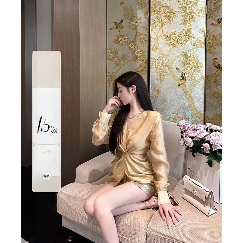 

Original Fay Luxury Golden Lace irt V-ne Slim Fit Long Sve Women's Faion Breathable Lightweight High-end Feeling