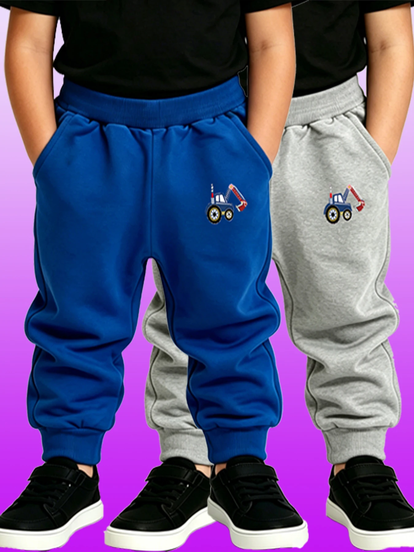 2PCS Blue Black Boys Excavator Print Sweatpants Kids Elastic Waist Jogger Pants With Pockets Casual Sports Trousers School&Play!