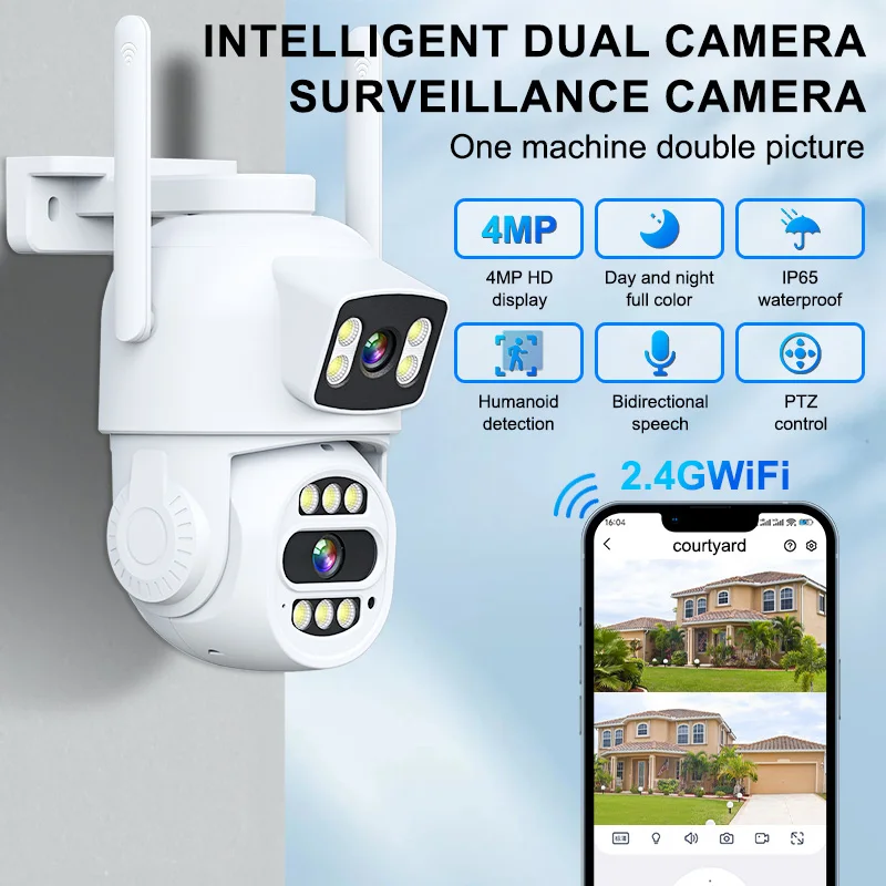A Dual-Lens Binocular Camera with 4 Megapixels, Featuring 2.4G Wifi for Security, Gun Ball Linkage, Pan/Tilt/Zoom Capabilities,