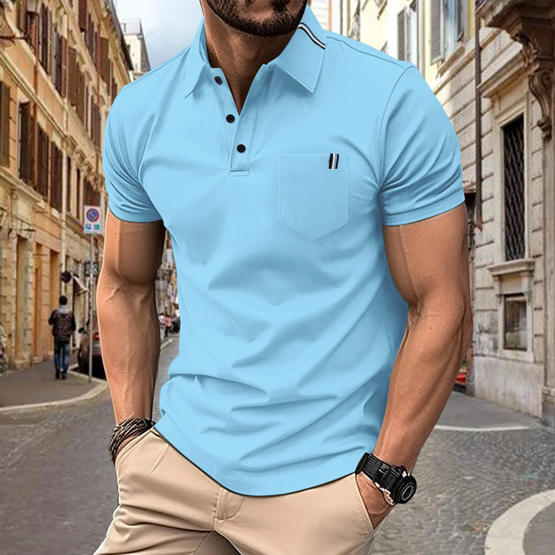 Summer explosive men's casual T-shirt fashion trend comfortable slim short sleeve lapel webbed solid color sports pullover POLO