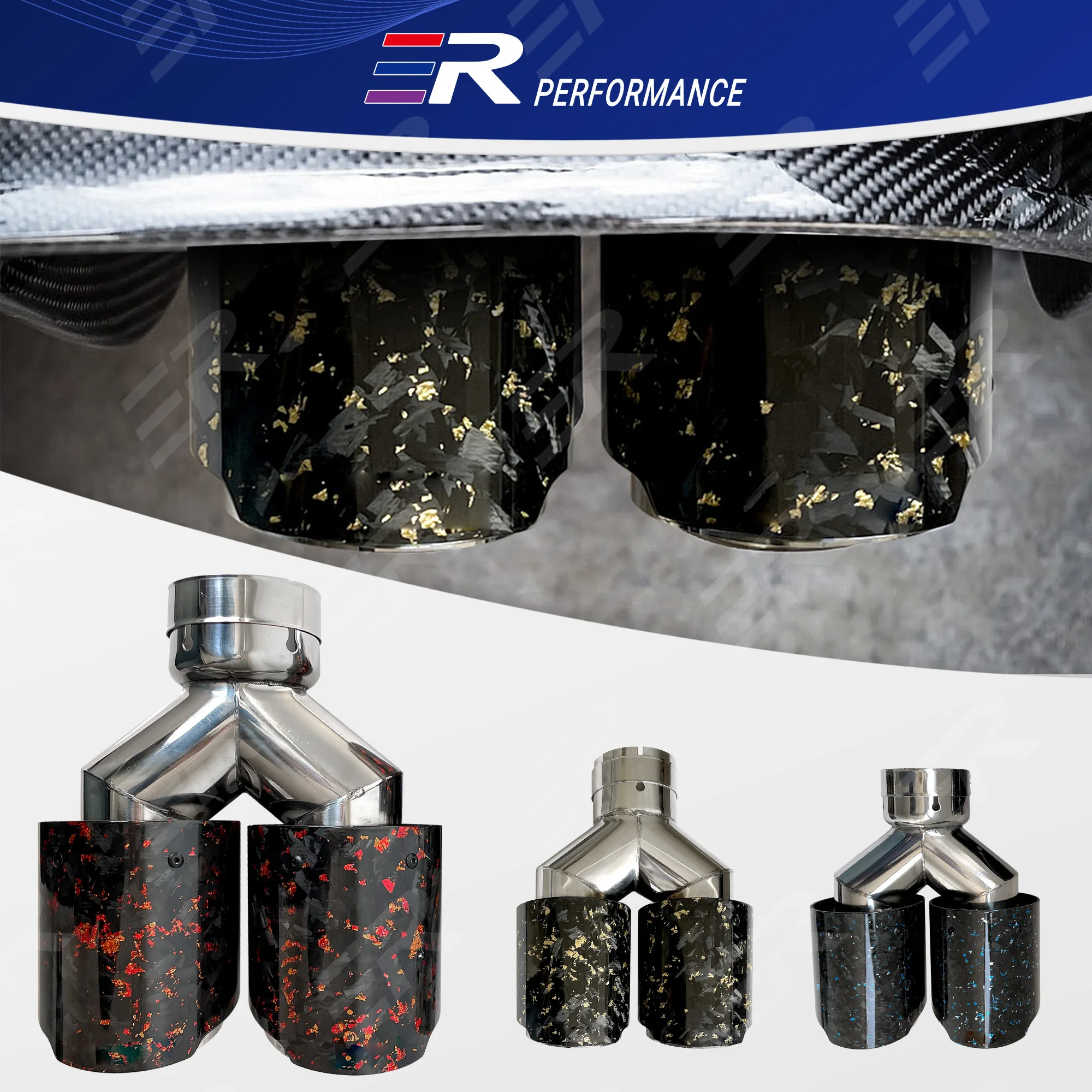 ER Upgrade Red/Gold/Blue Foil Forged Carbon Fiber Dual Outlet Exhaust Tip for car Modification Stainless steel Nozzle Muffler